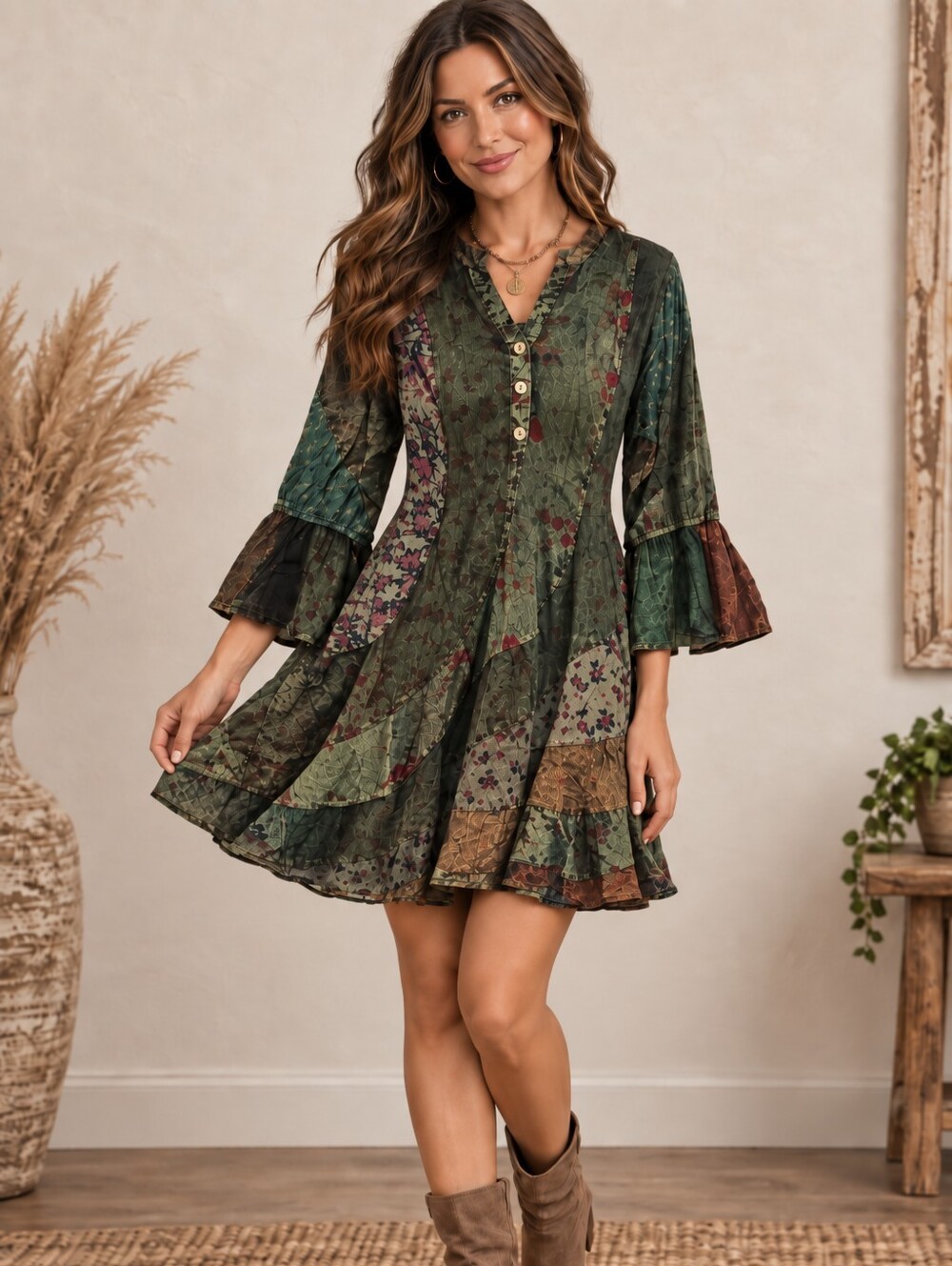543.Bohemian Patchwork Floral V-Neck Dress